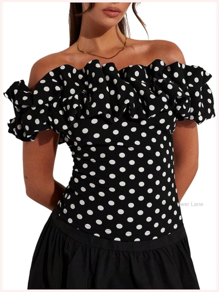 Polka Dot Off Shoulder Blouse Ruffle Trim Short Sleeve Dressy Top